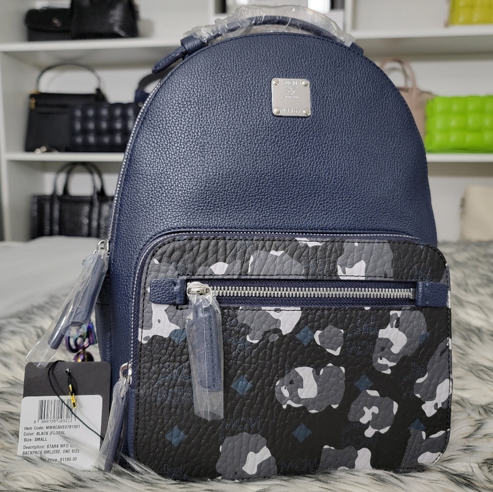 NWT MCM Stark Visetos Pebbled Leather Navy Blue Camo Flower Backpack Small